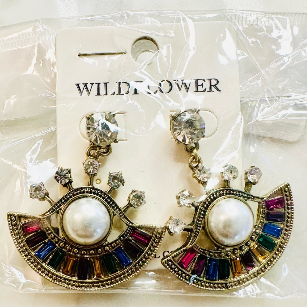 Wildflower Evil Eye Pearl Drop Colorful Faux Gemstone Earring New Gold Festival